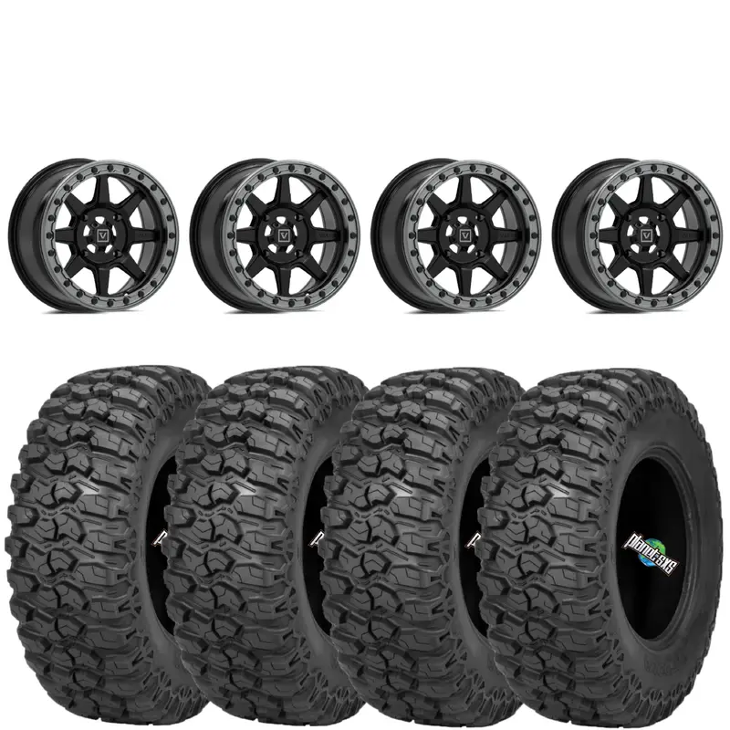 Valor Offroad V13 5/4.5 4+3 Satin Black beadlocks mounted on Sedona Trail Saw 2.0