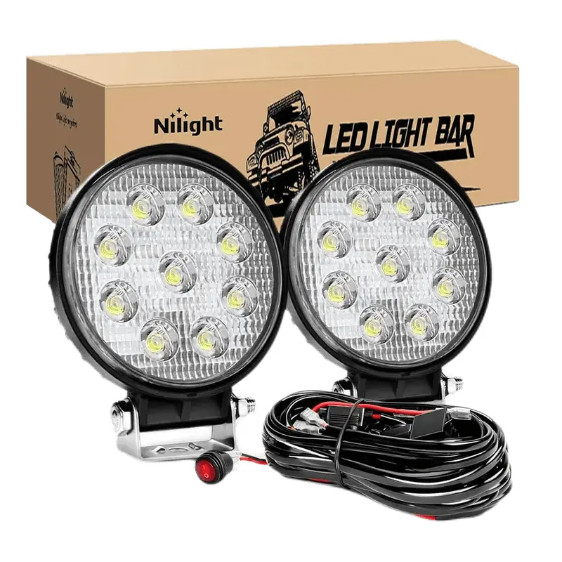 4.5 Inch 27W Round Flood LED Light Pods Kit (Pair) | 12FT Wire