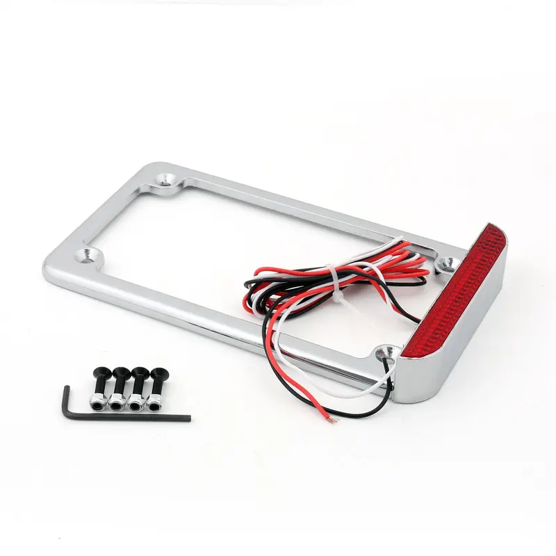 Universal Motorcycle 3" LED License Plate Frame With LED Tail Brake Light Chrome