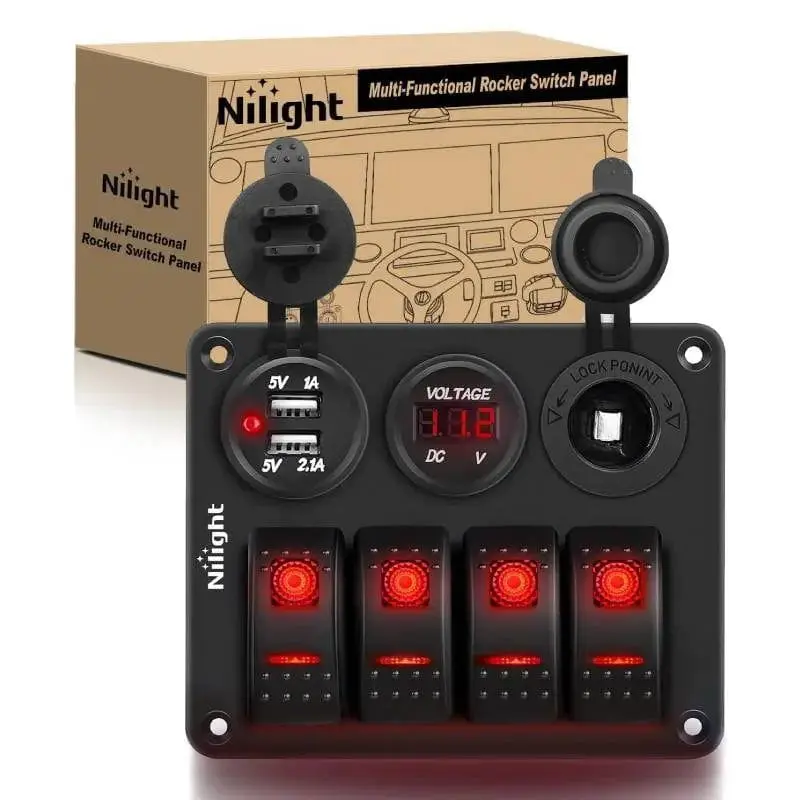 4Gang ON/Off Red Rocker Switch Panel w/ Dual USB Cigarette Lighter Socket Voltmeter