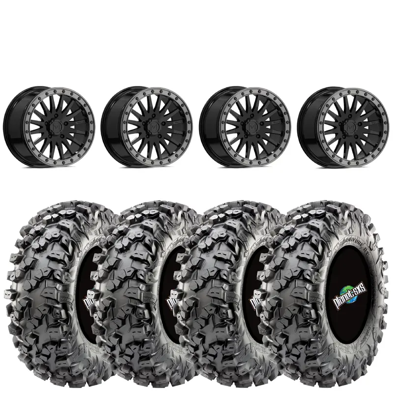 Beadlock GLOSS BLACK Valor V06 15x8 6+2 5/4.5 on 32x10-15 Maxxis Carnivore RT Tires